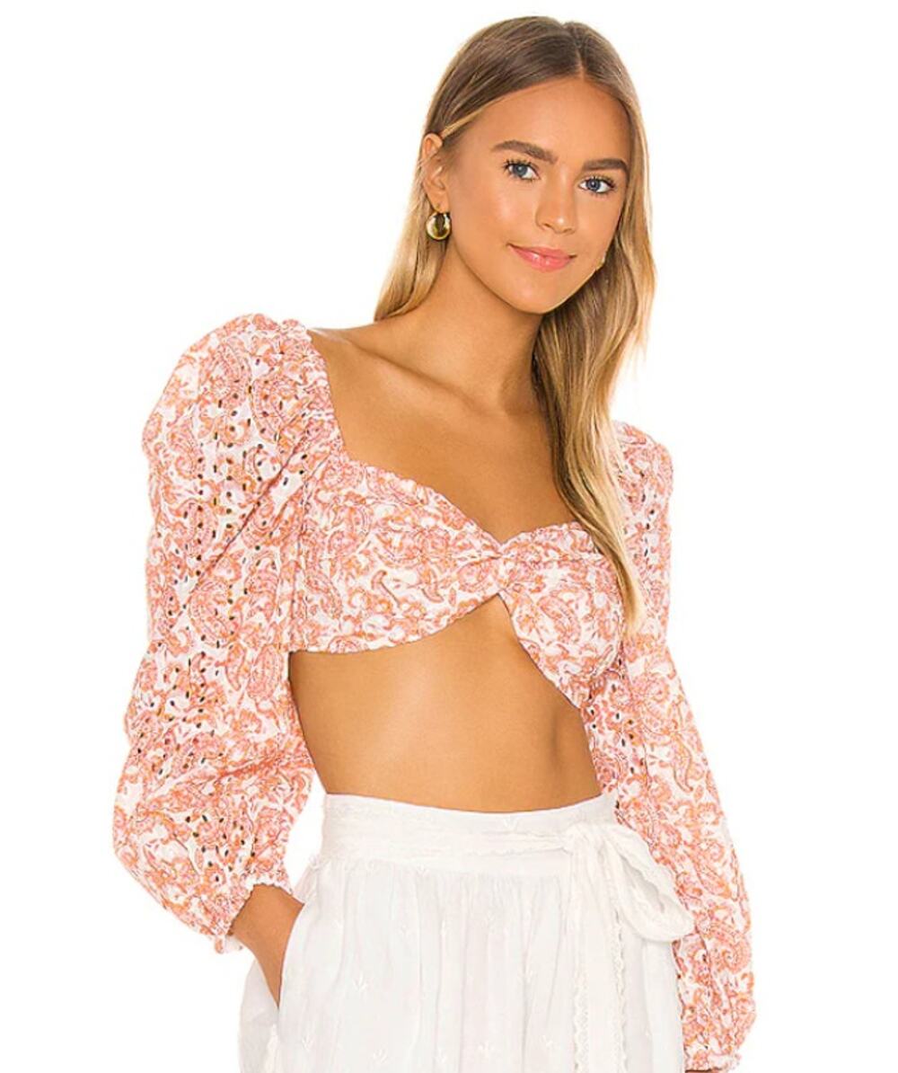 Bardot Large Orange White Paisley Eyelet Crop Long Sleeve Blouse Women's size 10